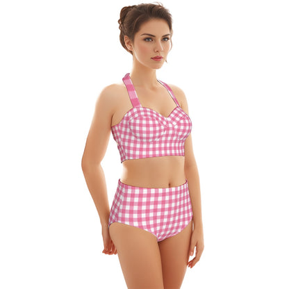 60s Pink Gingham High-Waist Halter Bikini Set — Retro Pin-Up Swimwear