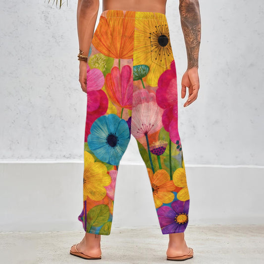 Bold Floral Pop Art Men's Harem Pants | Colorful Flower Print Trousers