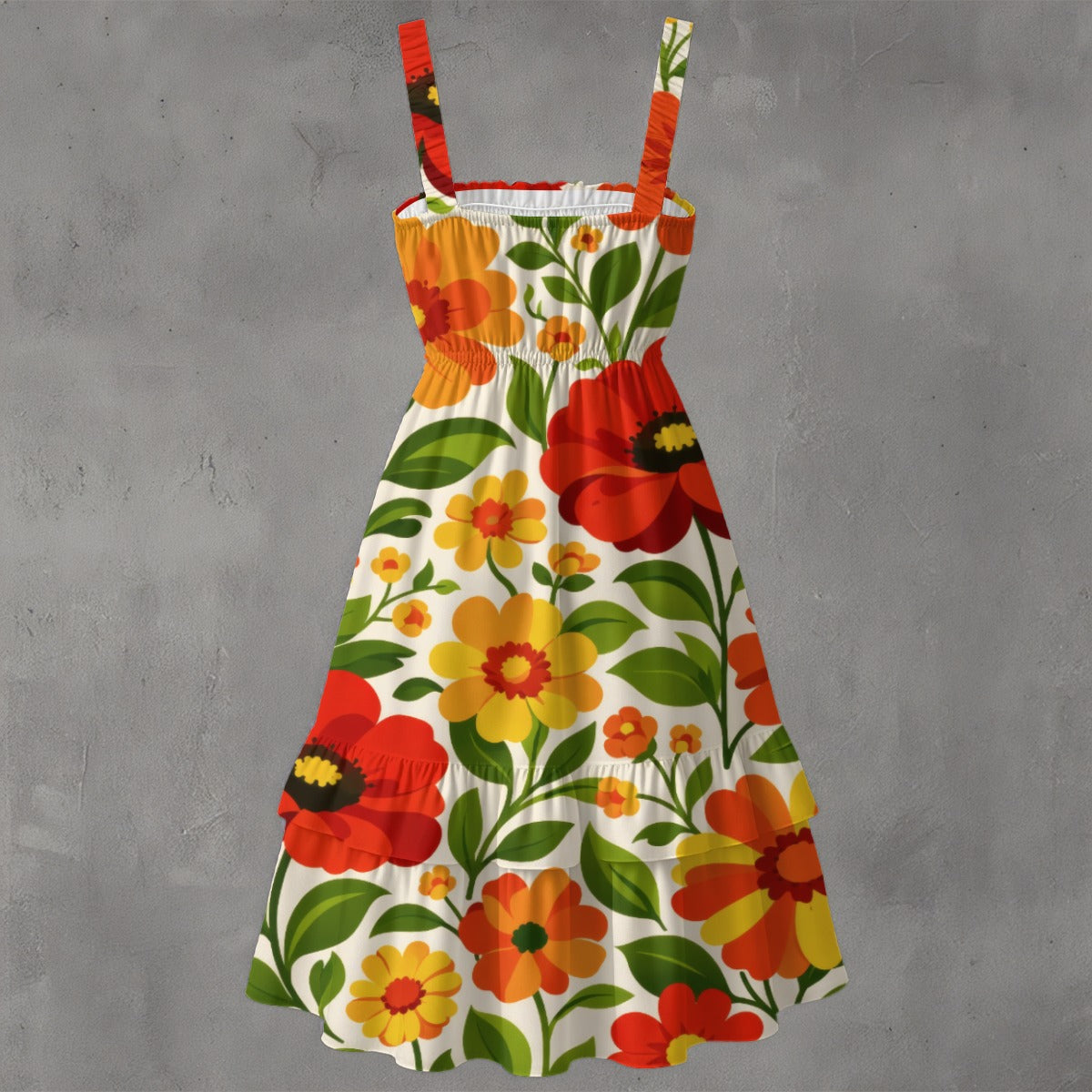 Retro Garden Floral Women's Ruffle Hem Dress | 60s Red Orange Yellow Flower Print