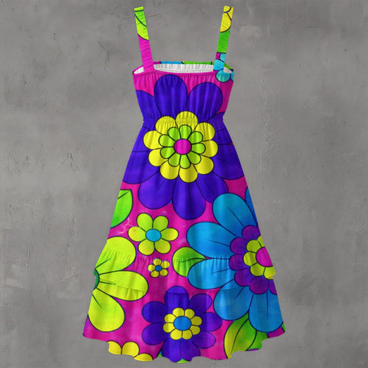 Neon Pop Art Flower Power Women's Ruffle Hem Dress | Bold Purple Green Blue 70s Print