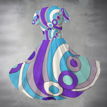 60s Op Art Swirl Midi Dress — Purple Teal Lavender V-Neck Short Sleeve