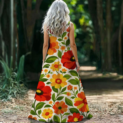Retro Garden Floral Women's Sleeveless Maxi Dress | 60s Orange Red Flower Print