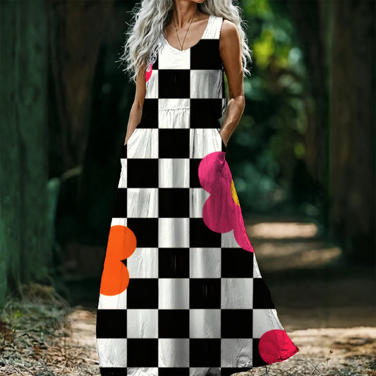 Checkerboard Hearts Maxi Dress — Black White Pop Art Floral