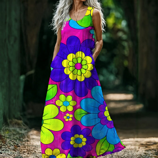 Bold Pop Art Floral Women's Sleeveless Maxi Dress | 60s Mod Pink Purple Blue Print