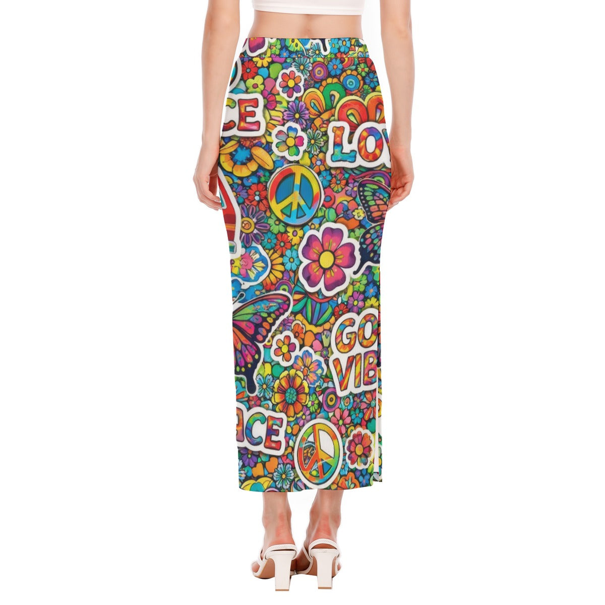 Groovy 70s Hippie Peace & Love Maxi Skirt All-Over Print Women's Side Slit Skirt