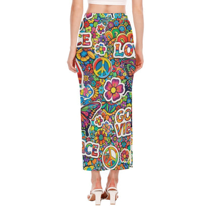 Groovy 70s Hippie Peace & Love Maxi Skirt All-Over Print Women's Side Slit Skirt
