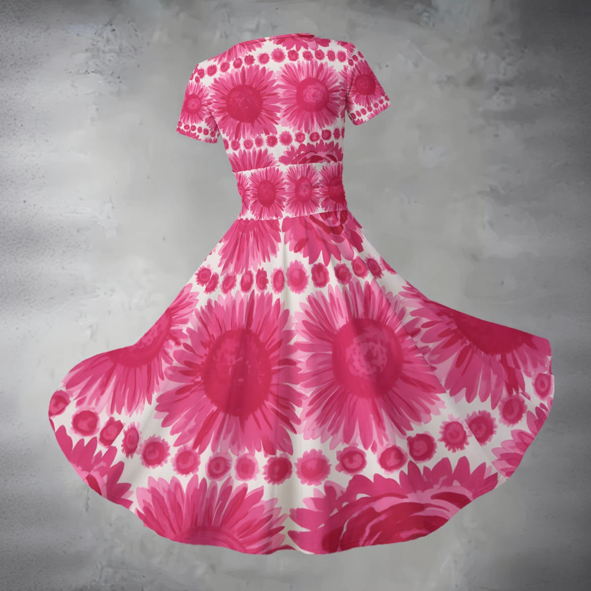 Pink Gerbera Daisy Midi Dress — Bold Hot Pink Floral Short Sleeve