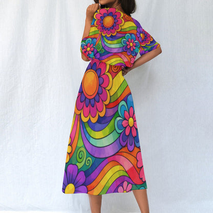 Rainbow Wave Flower Power Women's Elastic Waist Dress | 70s Psychedelic Groovy Print