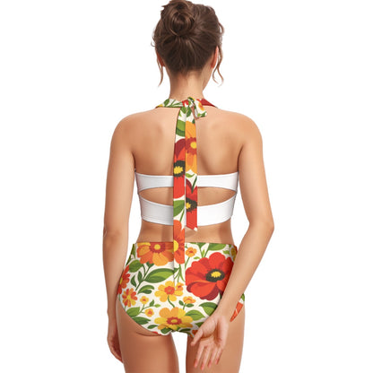60s Retro Garden Poppy High-Waist Halter Bikini Set — Red & Orange Floral Pin-Up