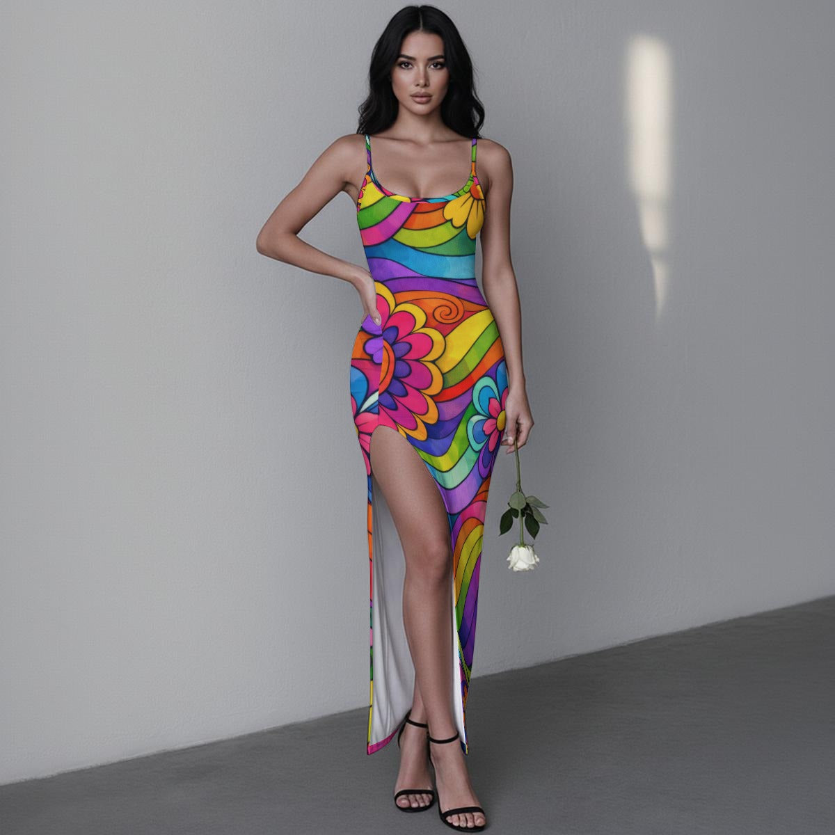 Retro Wave Swirl Women's Long Dress with Slit | 60s Mod Purple Turquoise Geometric Bodycon Maxi II