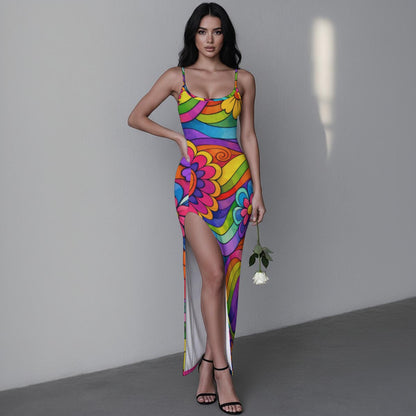 Retro Wave Swirl Women's Long Dress with Slit | 60s Mod Purple Turquoise Geometric Bodycon Maxi II