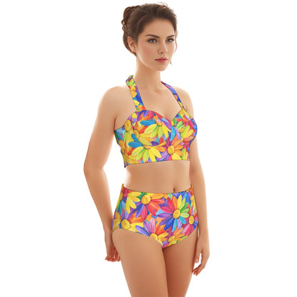 60s Neon Daisy High-Waist Halter Bikini Set — Rainbow Floral Pin-Up Swimwear