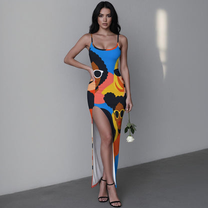 Pop Art Woman Face Women's Long Dress with Slit | Bold Blue Orange Afro Girl Power Print
