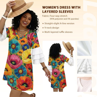 Oil Art Poppy Ruffle Sleeve Dress — Colorful Floral Red Blue Pink
