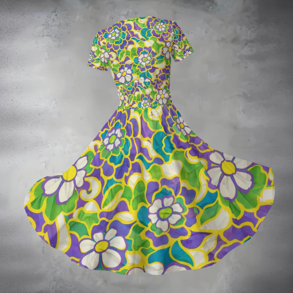 Colorful floral-patterned dress on a gray background