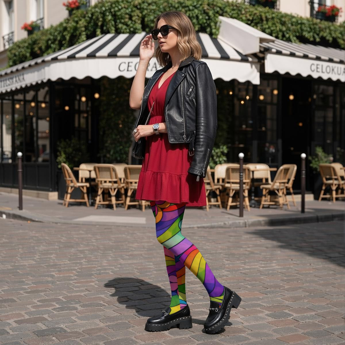 70s Rainbow Flower Power Women's High-Stretch Tights | All-Over Print