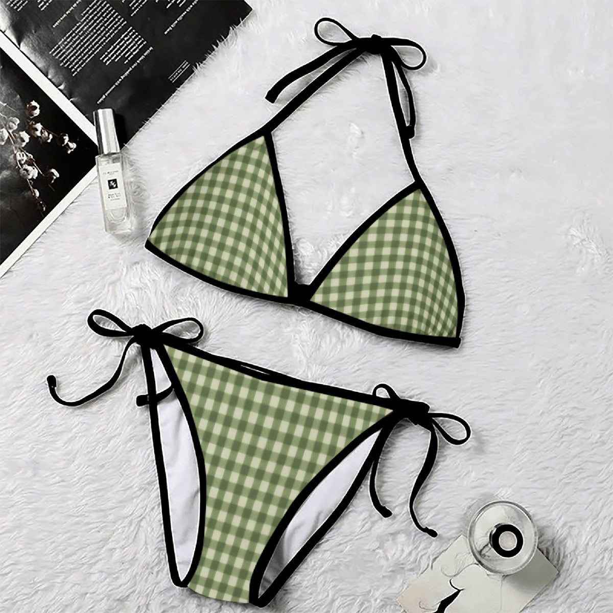60s Sage Green Gingham Triangle Bikini Set — Halter Top & Tie Side Bottom