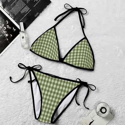 60s Sage Green Gingham Triangle Bikini Set — Halter Top & Tie Side Bottom