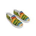 A pair of slip-on canvas sneakers with a vibrant, multicolored abstract pattern featuring green, yellow, blue, red, and orange shapes, set against a plain white background.