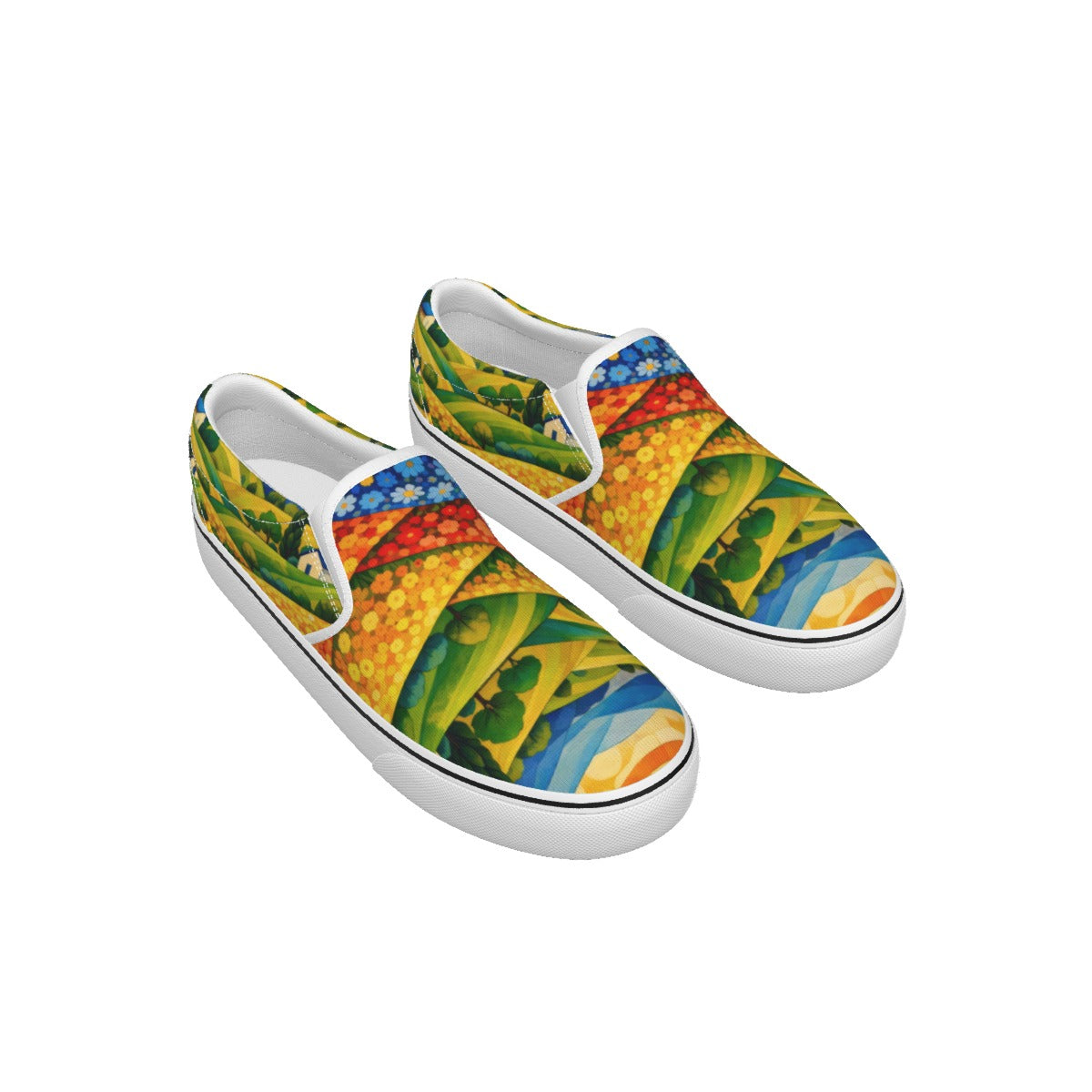 A pair of slip-on canvas sneakers with a vibrant, multicolored abstract pattern featuring green, yellow, blue, red, and orange shapes, set against a plain white background.