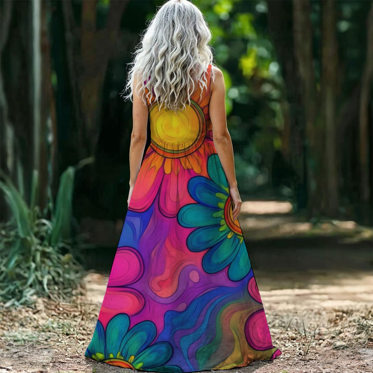 Psychedelic Sunflower Maxi Dress — Trippy Orange Pink Blue Print