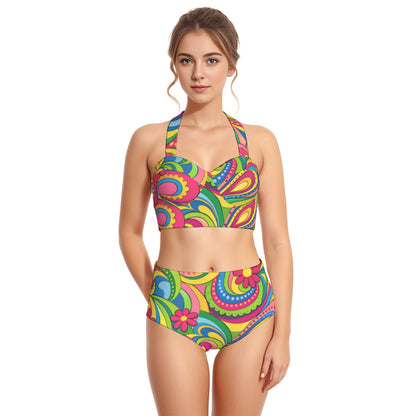 60s Groovy Rainbow Swirl High-Waist Halter Bikini Set — Psychedelic Pin-Up Swimwear