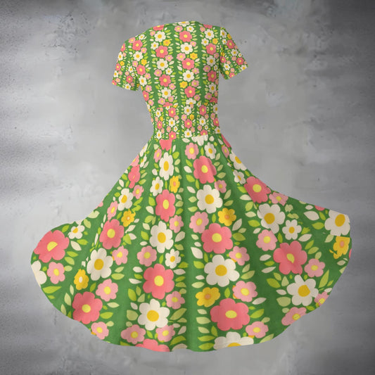 Floral dress with pink, yellow, and white flowers on a green background against a gray textured background
