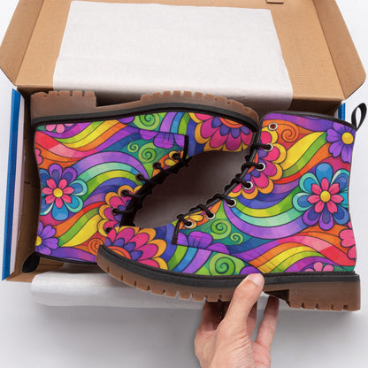 Rainbow Wave Flower Power Men's Martin Short Boots | 70s Psychedelic Groovy Print