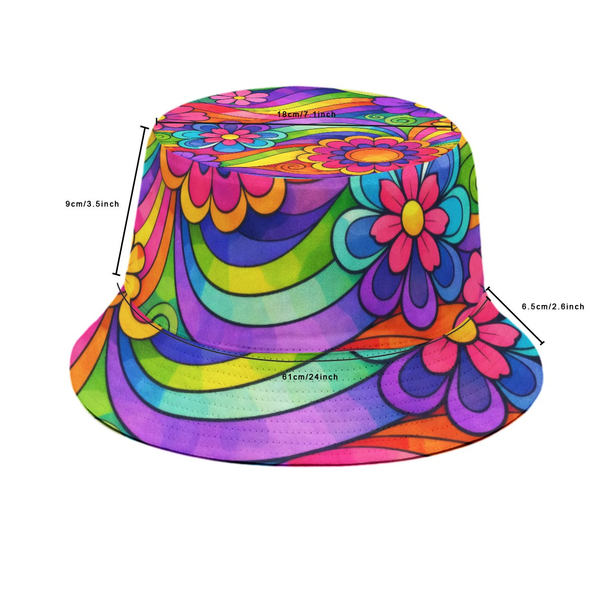 Groovy 70s Flower Power Rainbow Bucket Hat | All-Over Print