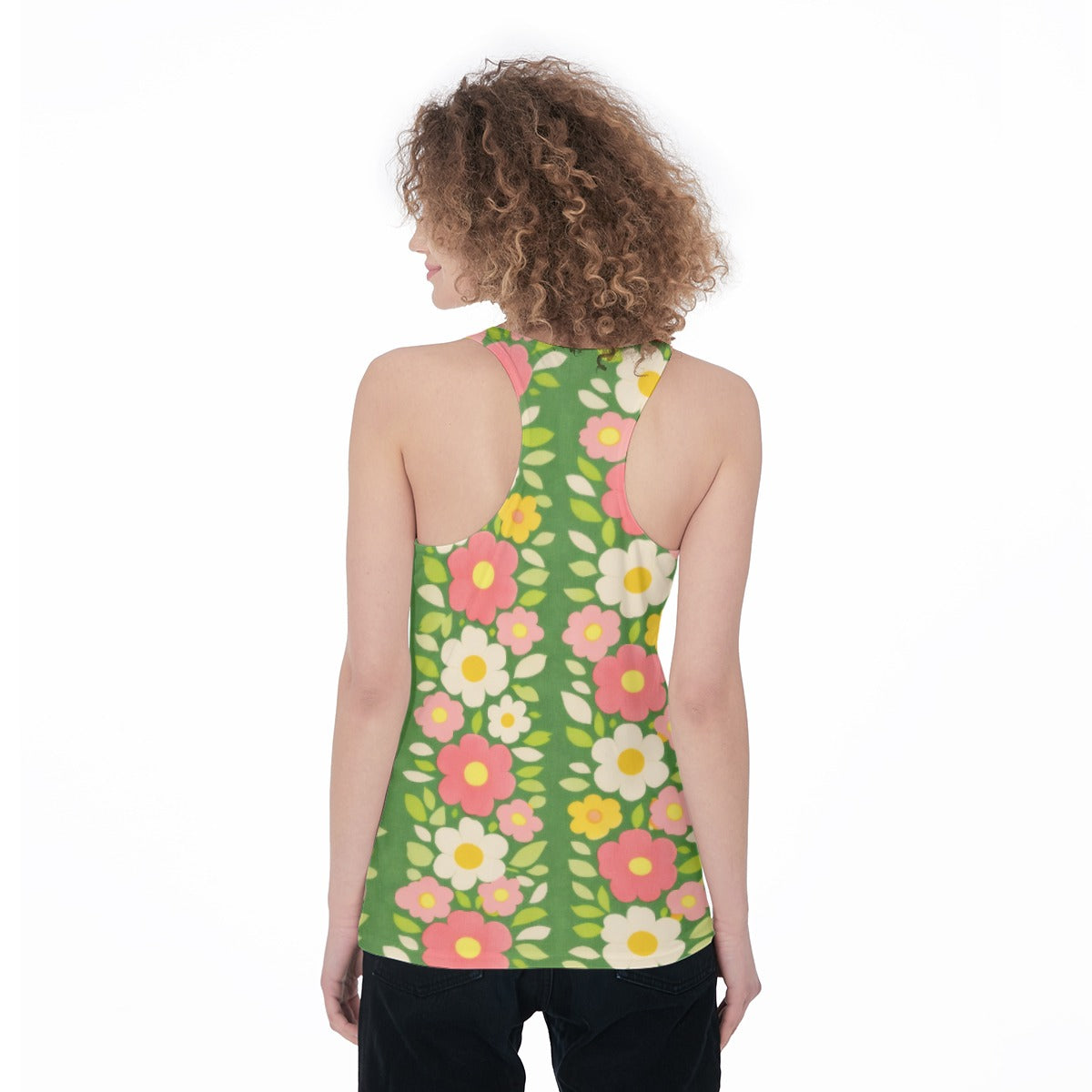 60s Vintage Green Floral Racerback Tank Top All-Over Print Women's Racerback Tank Top