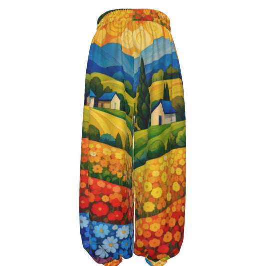 Flower Field Landscape Unisex Lantern Pants | Artistic Countryside Print