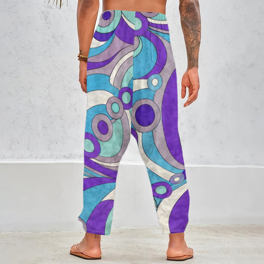 Retro Geometric Circles Men's Harem Pants | 60s Mod Purple Blue Print