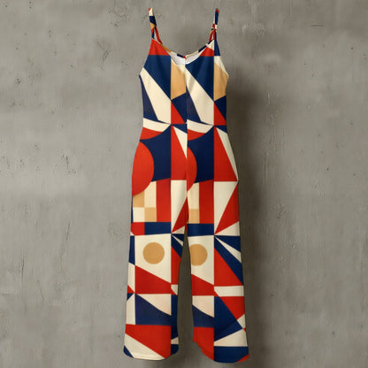 60s Geometric Avant-Garde Wide-Leg Jumpsuit — Bauhaus Red Navy Spaghetti Strap