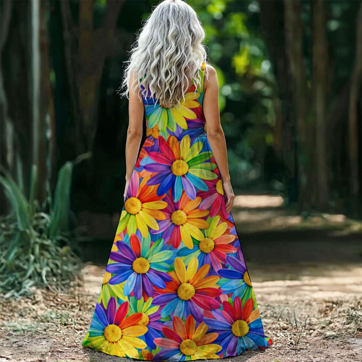 Rainbow Daisy Burst Women's Sleeveless Maxi Dress | Colorful Sunflower Floral Print