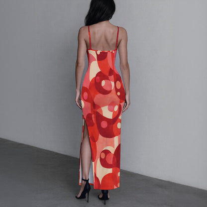 Red Geometric Circles Women's Long Dress with Slit | Bold Retro Dot Art Bodycon Maxi