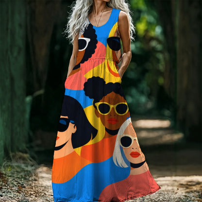 Pop Art Women Faces Women's Sleeveless Maxi Dress | Bold Retro Girl Power Print