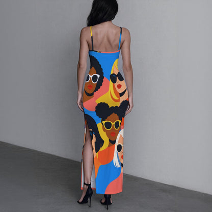 Pop Art Woman Face Women's Long Dress with Slit | Bold Blue Orange Afro Girl Power Print