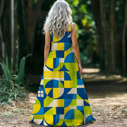 Bauhaus Geometric Maxi Dress — Blue Yellow Green Circle Print