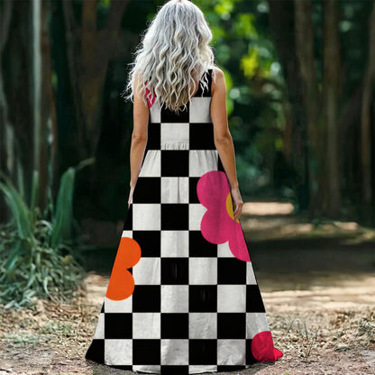 Checkerboard Hearts Maxi Dress — Black White Pop Art Floral