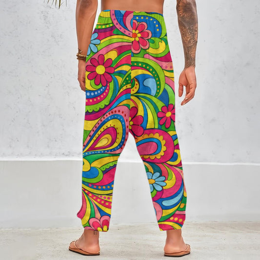 Psychedelic Paisley Floral Men's Harem Pants | 70s Groovy Rainbow Print