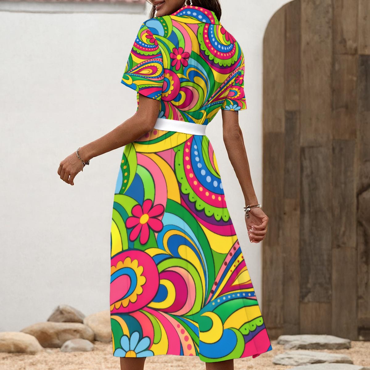 Psychedelic Neon Paisley Women's Shirt Dress with Waist Tie | 70s Groovy Rainbow Print