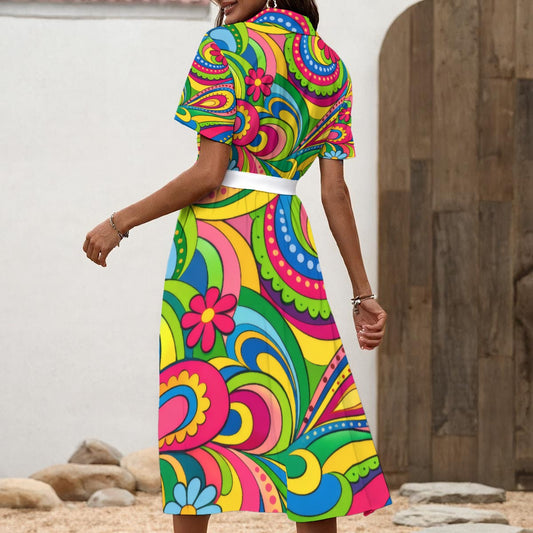 Psychedelic Neon Paisley Women's Shirt Dress with Waist Tie | 70s Groovy Rainbow Print