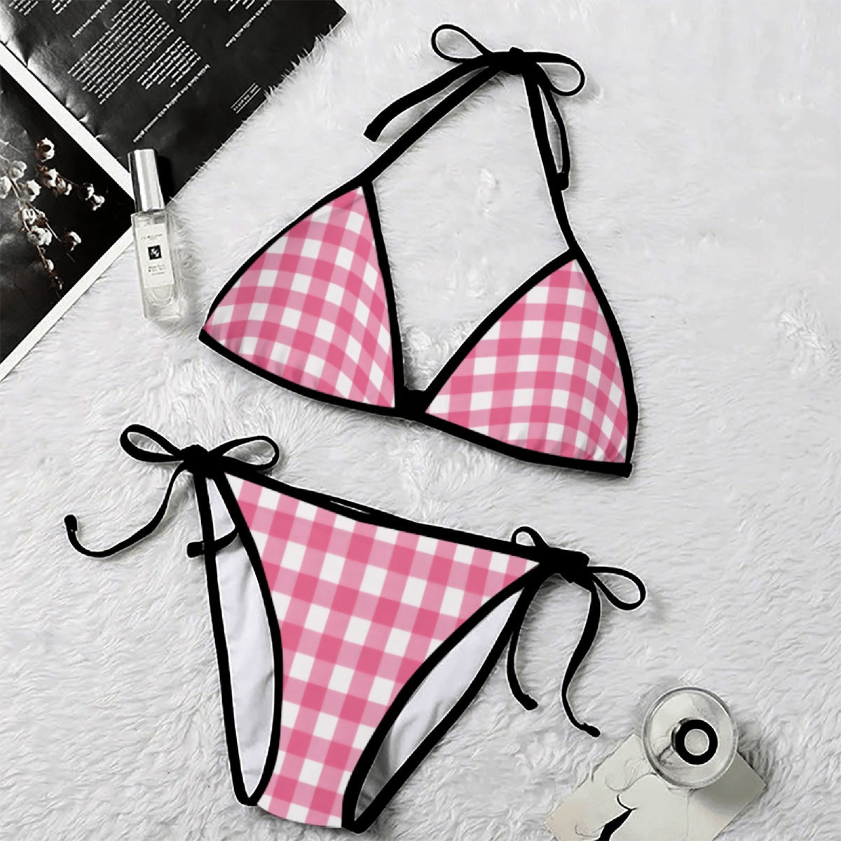 60s Pink Gingham Triangle Bikini Set — Halter Top & Tie Side Bottom