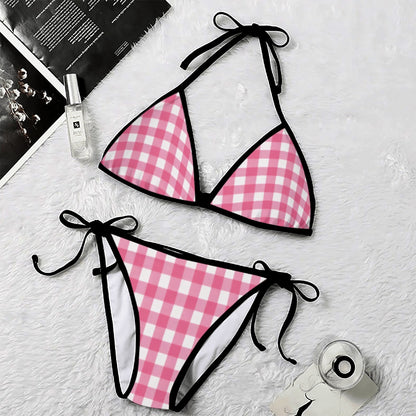 60s Pink Gingham Triangle Bikini Set — Halter Top & Tie Side Bottom