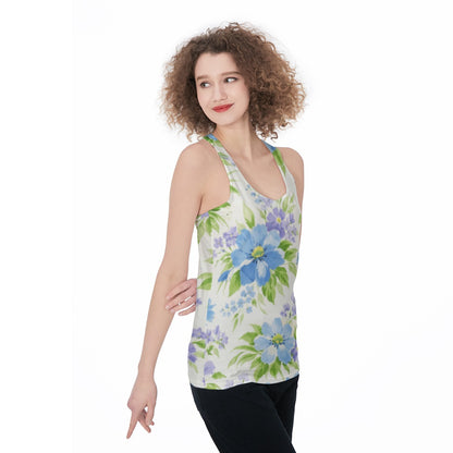 60s Vintage Blue Floral Racerback Tank Top All-Over Print Women's Racerback Tank Top