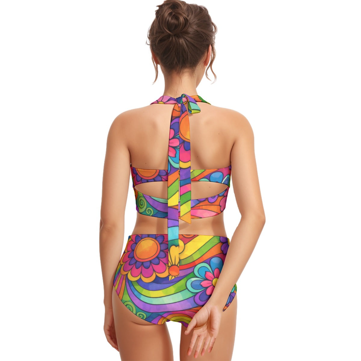 60s Flower Power Rainbow High-Waist Halter Bikini Set — Groovy Psychedelic Pin-Up