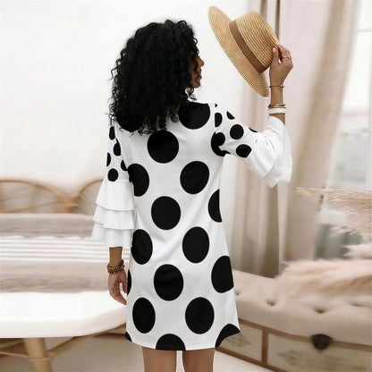 Black Polka Dot Ruffle Sleeve Dress — White Oversized Dots V-Neck