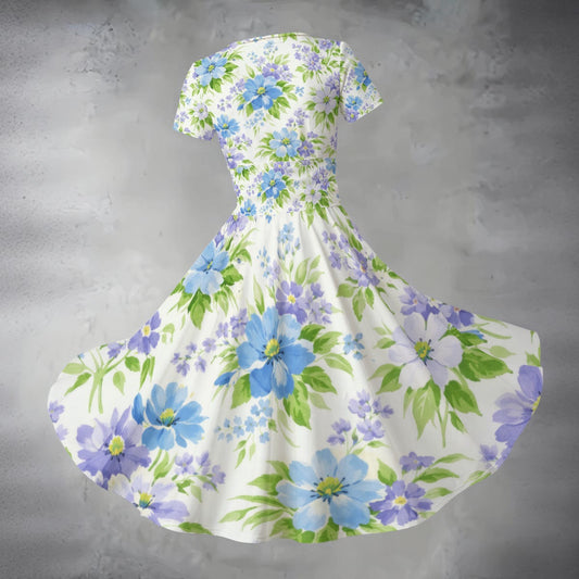Floral dress with blue and purple flowers on a gray background