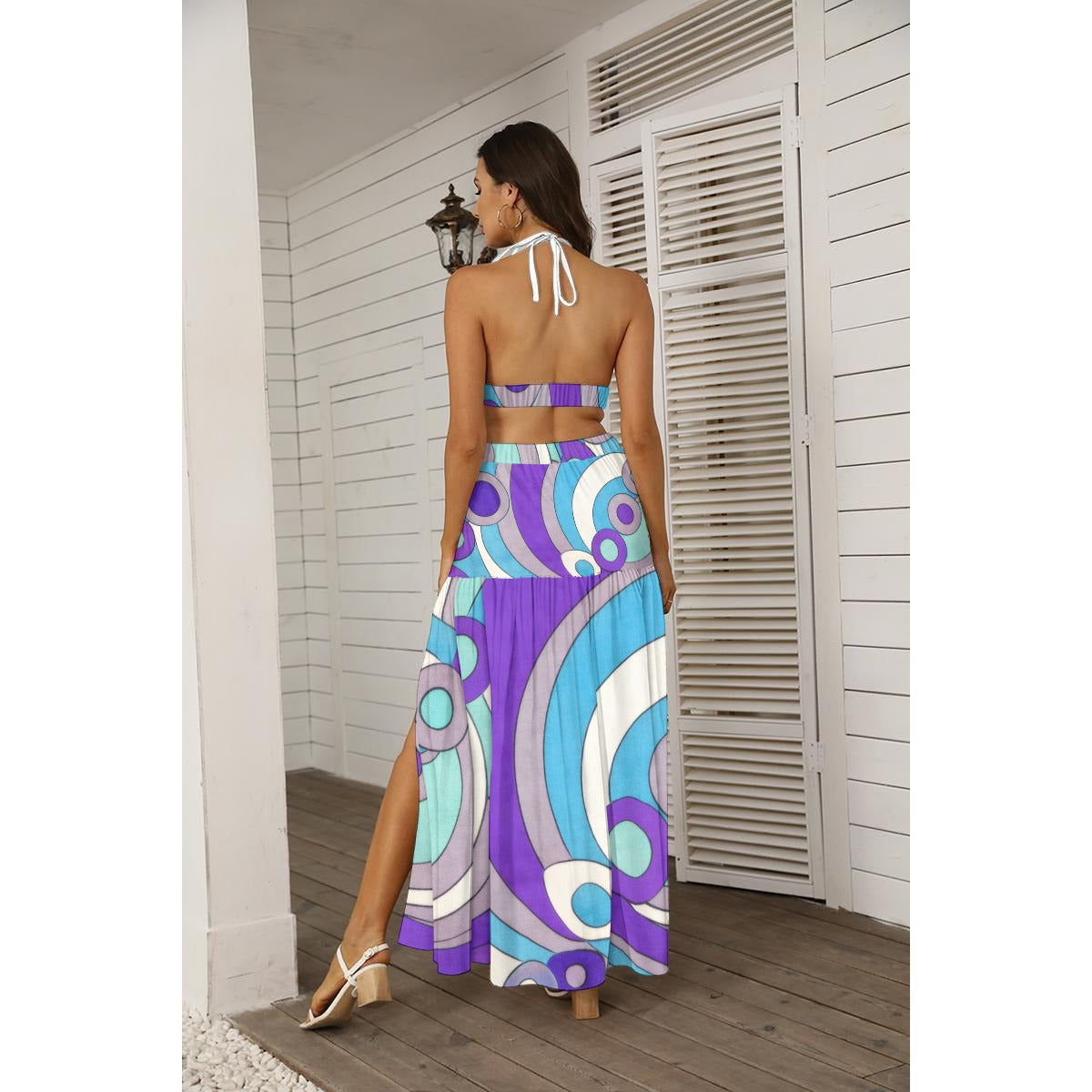 60s Op Art Circles Tie Back Wrap Dress — Backless Maxi with Side Slit