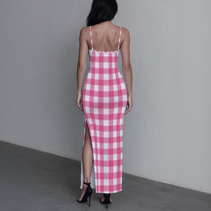Pink Gingham Check Women's Long Dress with Slit | Retro Barbie Plaid Bodycon Maxi